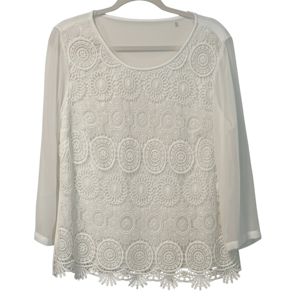 Elie Tahari White Silk Charmeuse & Crochet Lace Blouse L Sheer Sleeves Ethereal